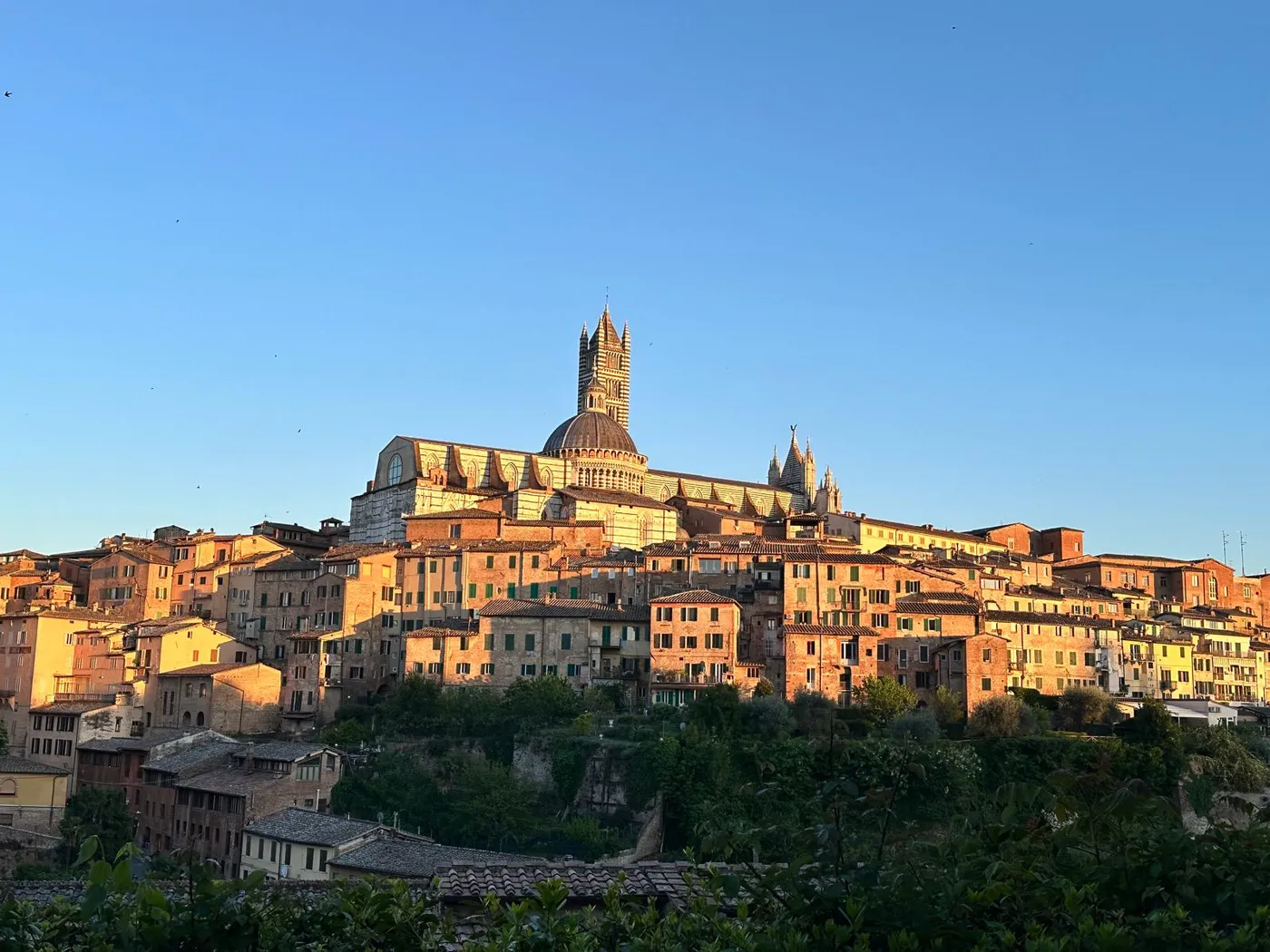 Siena al tramonto, vista dalle colline, con il Duomo